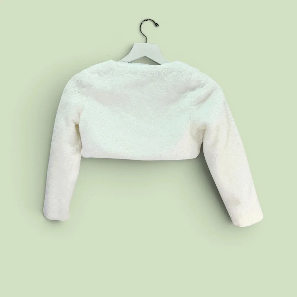 Rare Editions Shrug Girls M 7/8 White Faux Fur Bolero Jacket Formal Coquette